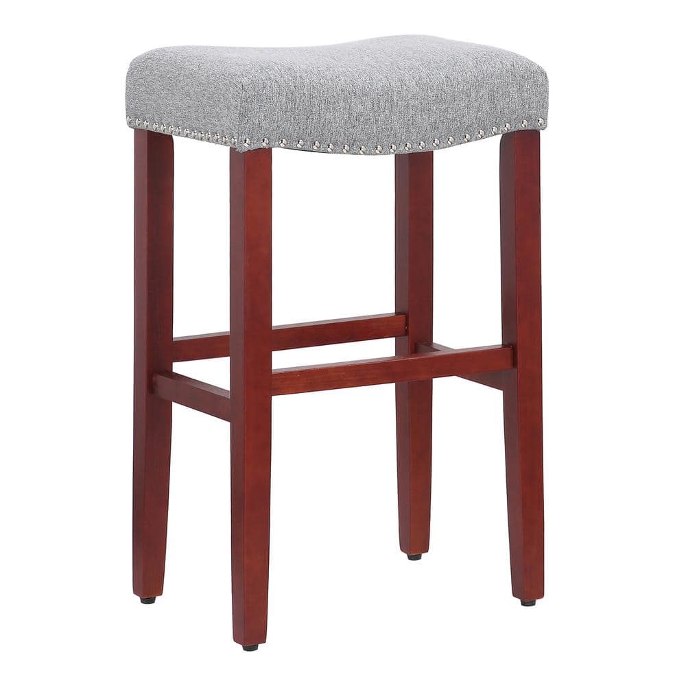 Cherry-Gray Saddle Seat 29" Bar Stool with Nailhead Trim - Set of 2