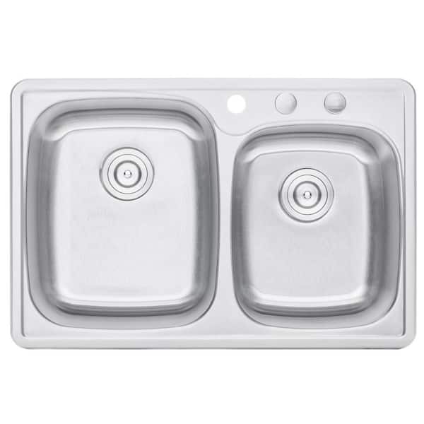 Topmount Drop In Stainless Steel 33 in. x 22 in. x 9 in. Deep 3 Faucet Holes Double Bowl 60/40 Kitchen Sink Combo
