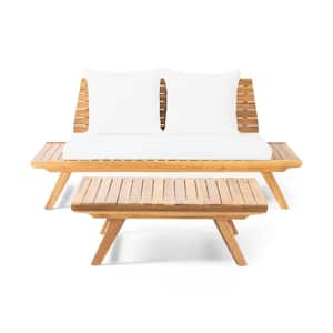 Sedona Teak Brown 2-Piece Wood Outdoor Patio Conversation Set with White Cushions