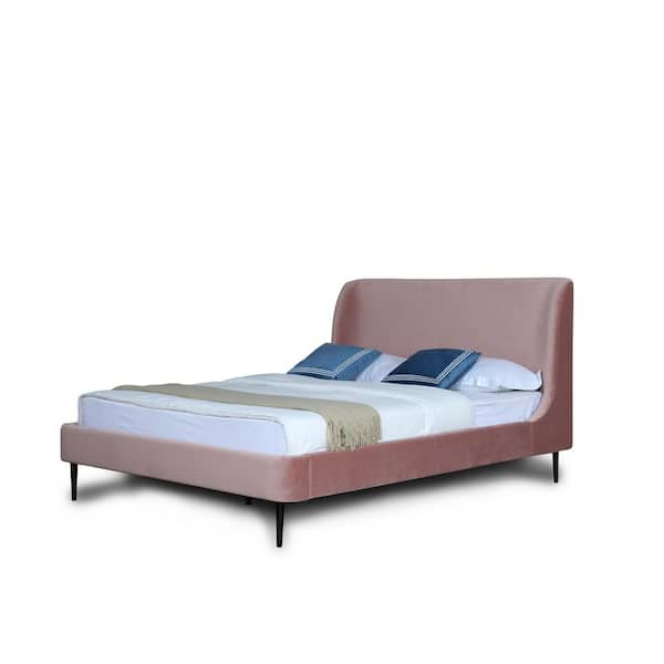 Manhattan Comfort Heather Mid-Century Modern Pink Velvet Upholstered Wood Frame Queen-Size Platform Bed with Black Legs