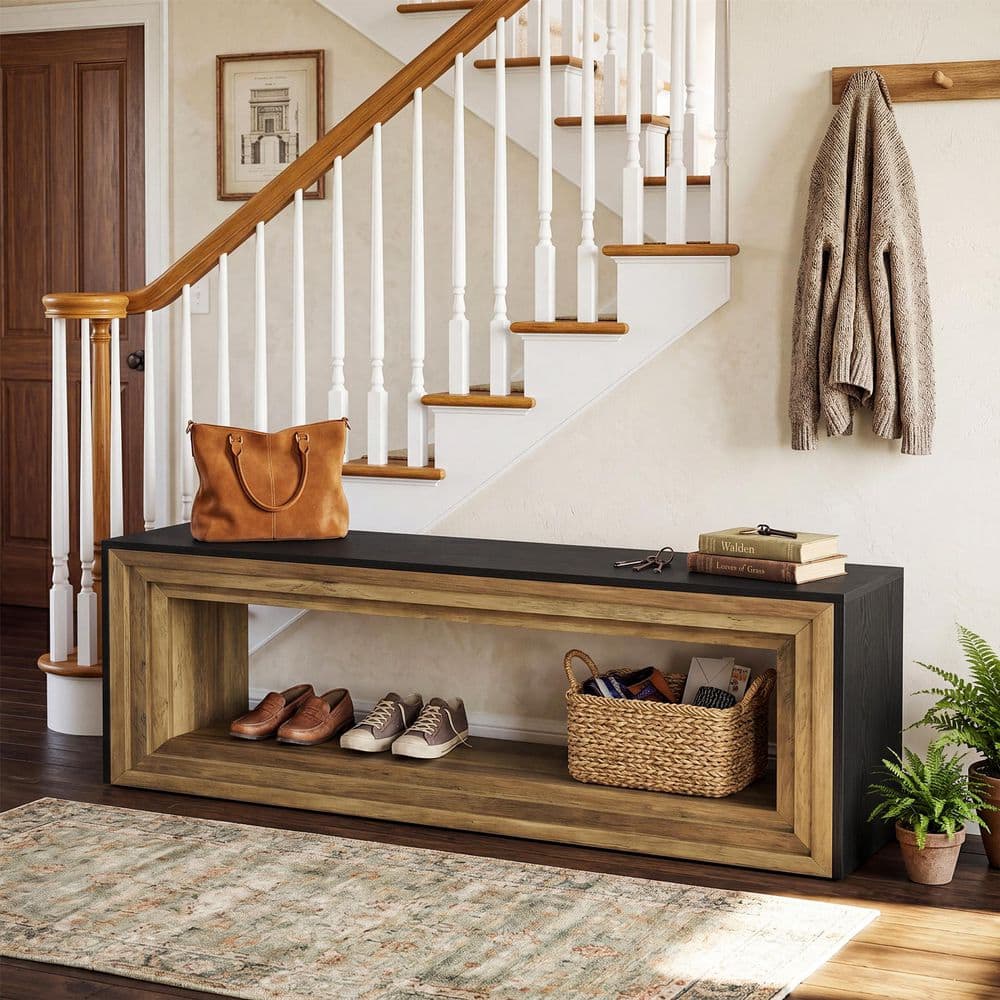 Brown and Black 63 in Entryway Bench with Shoe Storage