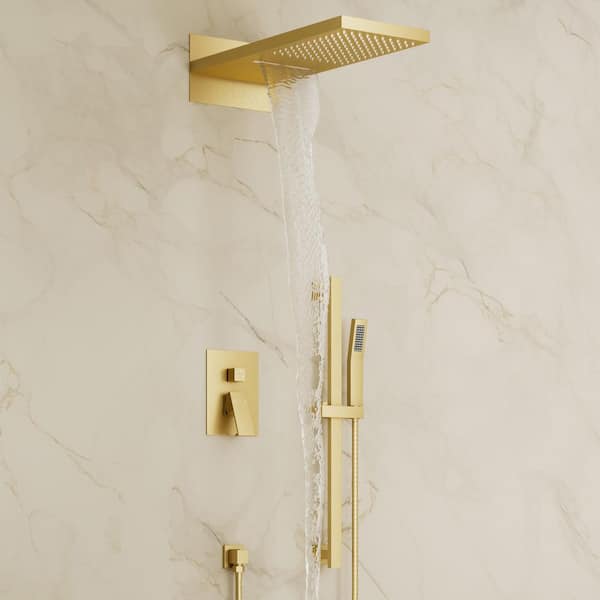 3-Spray 22 in. Rectangle Wall Mount Rainfall and Waterfall Shower System in Brushed Gold(Valve Included)