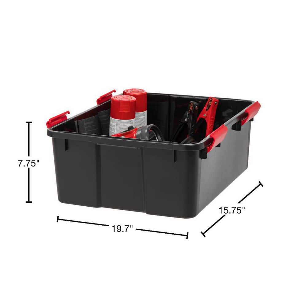 Black and Red Stackable WeatherPro Plastic Storage Bins with Lids, 19.7 in