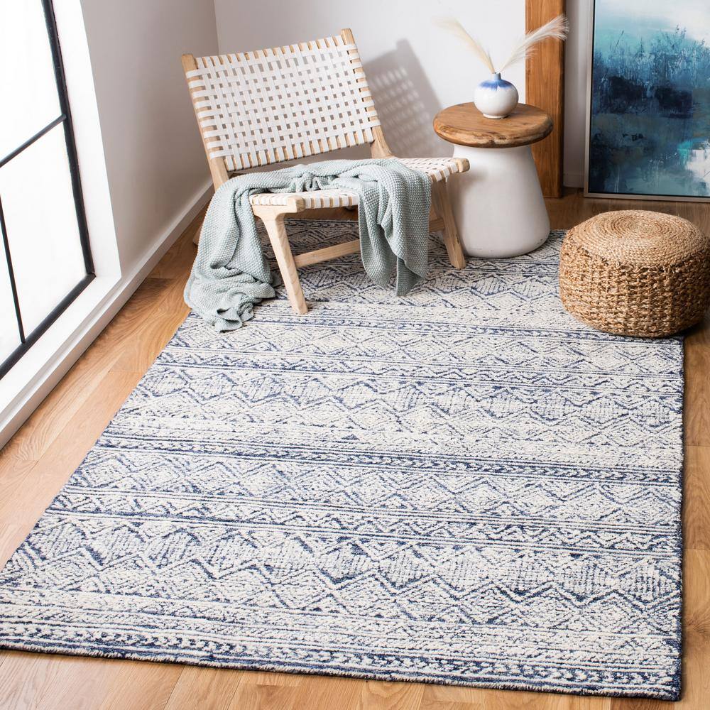 Blue and Ivory 6' x 6' Square Hand-Tufted Wool Rug