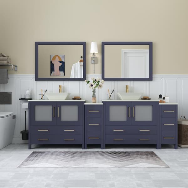 Ravenna 96 in. W Double Basin Bathroom Vanity in Blue with White Engineered Marble Top and Mirrors
