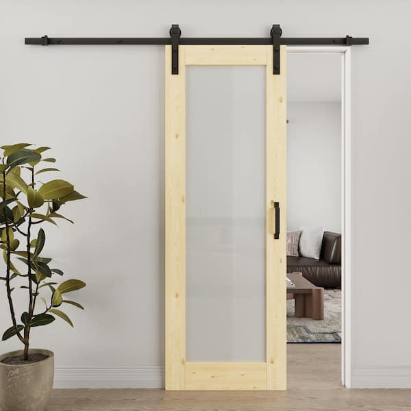ARK DESIGN 28 in. x 80 in. 1-Lite Tempered Frosted Glass Unfinished Solid Core Pine Wood Sliding Barn Door with Hardware Kit