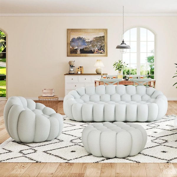 Magic Home (3-Piece) Bubble Sofa, 98.4 in. Gray Mesh Fabric Armless Curved Sectional Sofa Set 3-Seater Floor Couch w/ Chair Ottoman