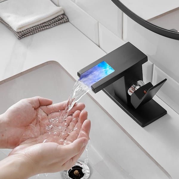 Single Handle Single Hole Bathroom Faucet with Deck Plate Included and LED Temperature Sensor Light in Matte Black