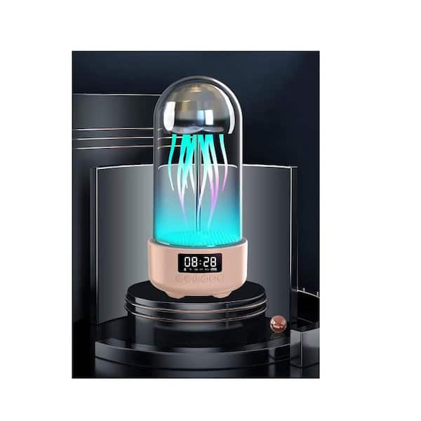 Etokfoks 5.36 in. Pink Jellyfish Aquarium Integrated LED Bubble Table Lamp for Living Room with Bluetooth Speaker
