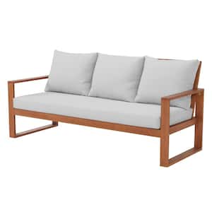 Grafton Eucalyptus Wood 3-Seat Outdoor Bench with Gray Cushions