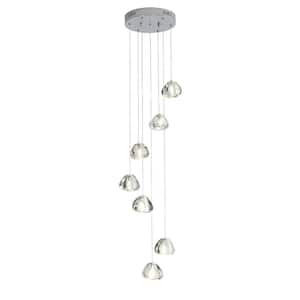 7-Light Crystal Shade LED Chandelier Pendant Light for Stair Kitchen Chrome Base Hanging Lamp