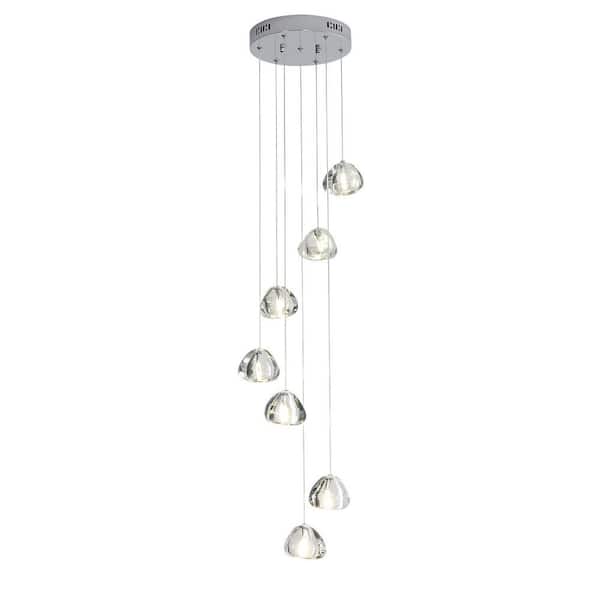 UMEILUCE 7-Light Crystal Shade LED Chandelier Pendant Light for Stair Kitchen Chrome Base Hanging Lamp