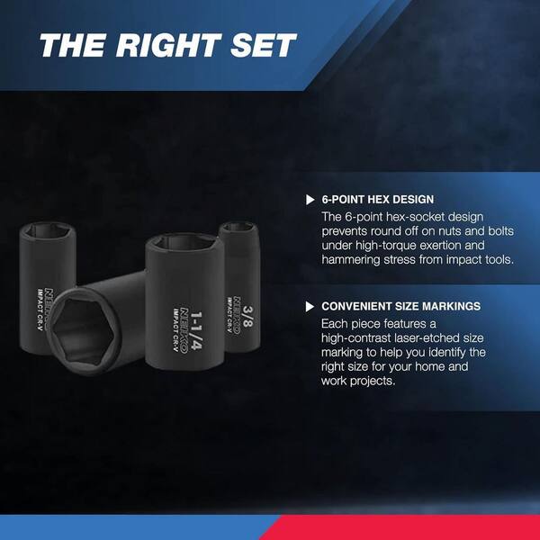 NEIKO 1/2 in. Drive SAE 6 Point Deep Impact Socket Set (14-Piece