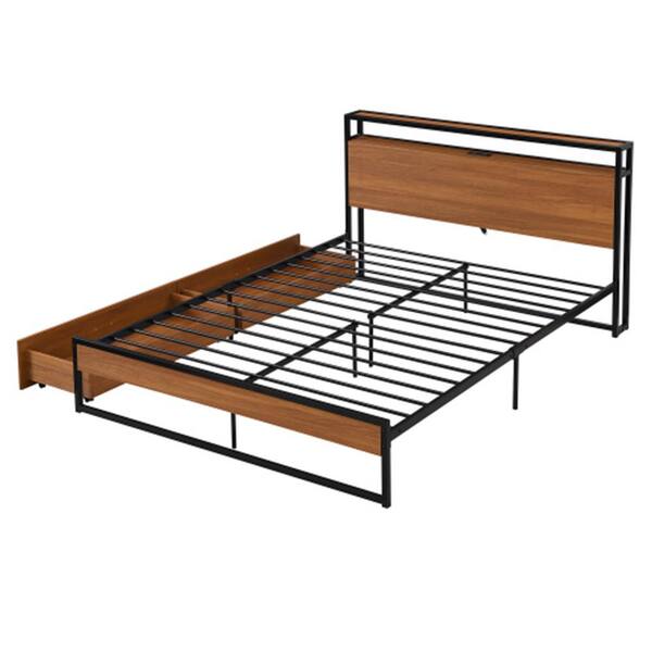 ZIRUWU Queen Metal Platform Bed Frame with 2-Drawers, Sockets and USB ...