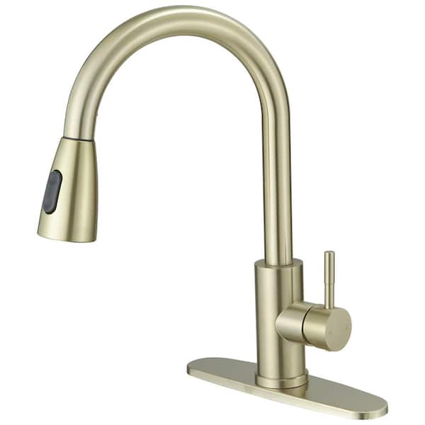 BWE Single Handle Pull Down Sprayer Kitchen Faucet Commercial Kitchen Sink Faucets for RV, Laundry in Brushed Gold