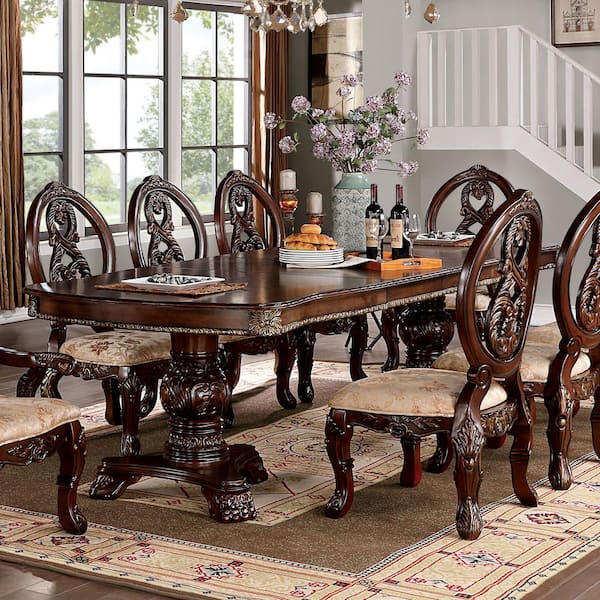 Furniture of America Caprock 118.5 in. Rectangle Brown Cherry Wood Dining Table with Extension Leaf Seats 8 IDF 3145T
