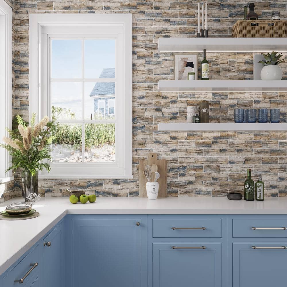 Apollo 11.5-in Blue Wood Matte Recycled Glass Subway Mosaic Tile