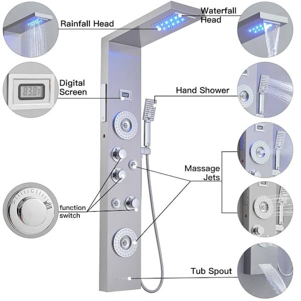 5-in-1, 4-Jet Shower Panel Tower System with Rainfall Waterfall Shower Head, and Massage Body Jets in Chrome Nickel