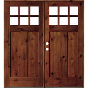 64 in. x 80 in. Knotty Alder Right-Hand/Inswing Double 6-Lite Clear Glass Red Chestnut Stain Wood Prehung Front Door