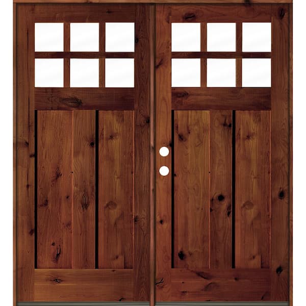 Krosswood Doors 64 in. x 80 in. Knotty Alder Right-Hand/Inswing Double 6-Lite Clear Glass Red Chestnut Stain Wood Prehung Front Door
