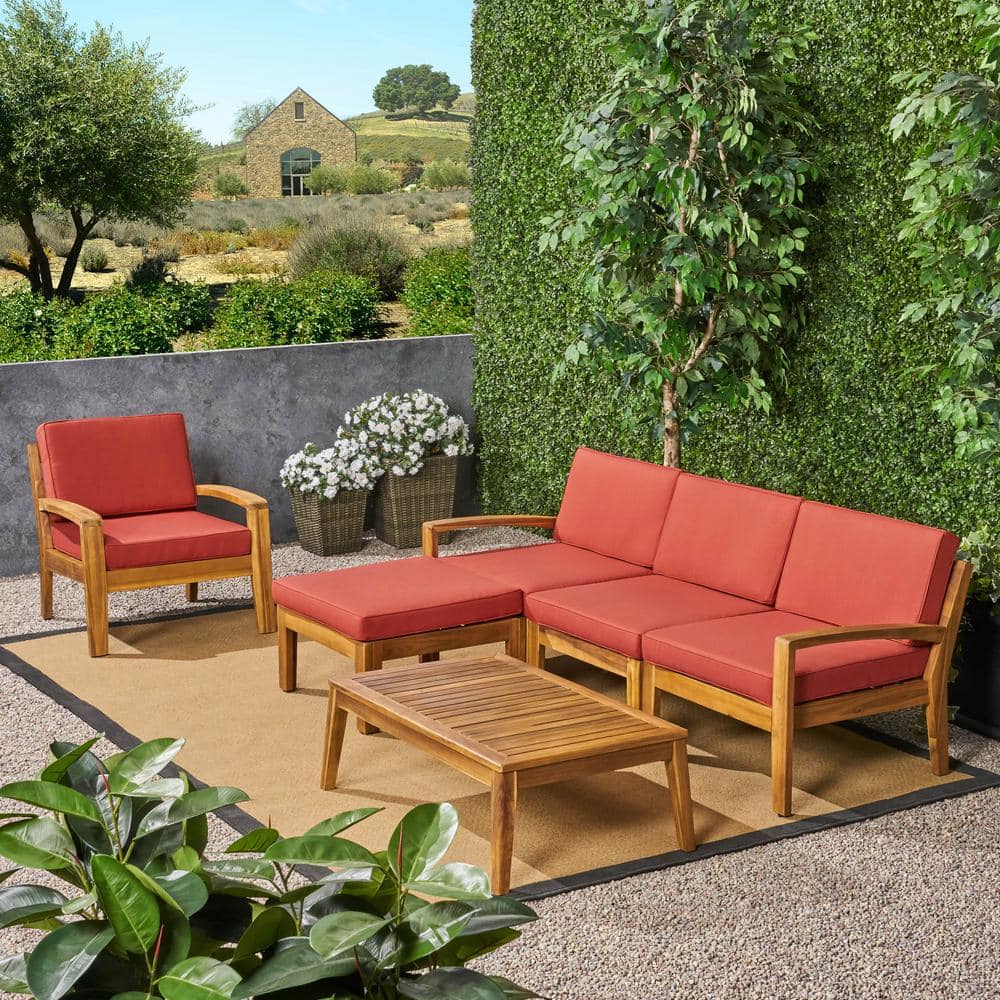 Teak Brown 6-Piece Outdoor Sectional Sofa Set with Red Cushions