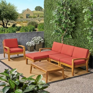 Grenada Teak Brown 6-Piece Wood Outdoor Patio Conversation Set with Red Cushion