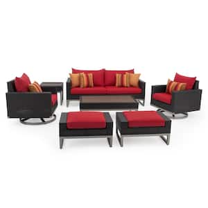Milo Espresso 7-Piece Wicker Motion Patio Deep Seating Conversation Set with Sunbrella Sunset Red Cushions