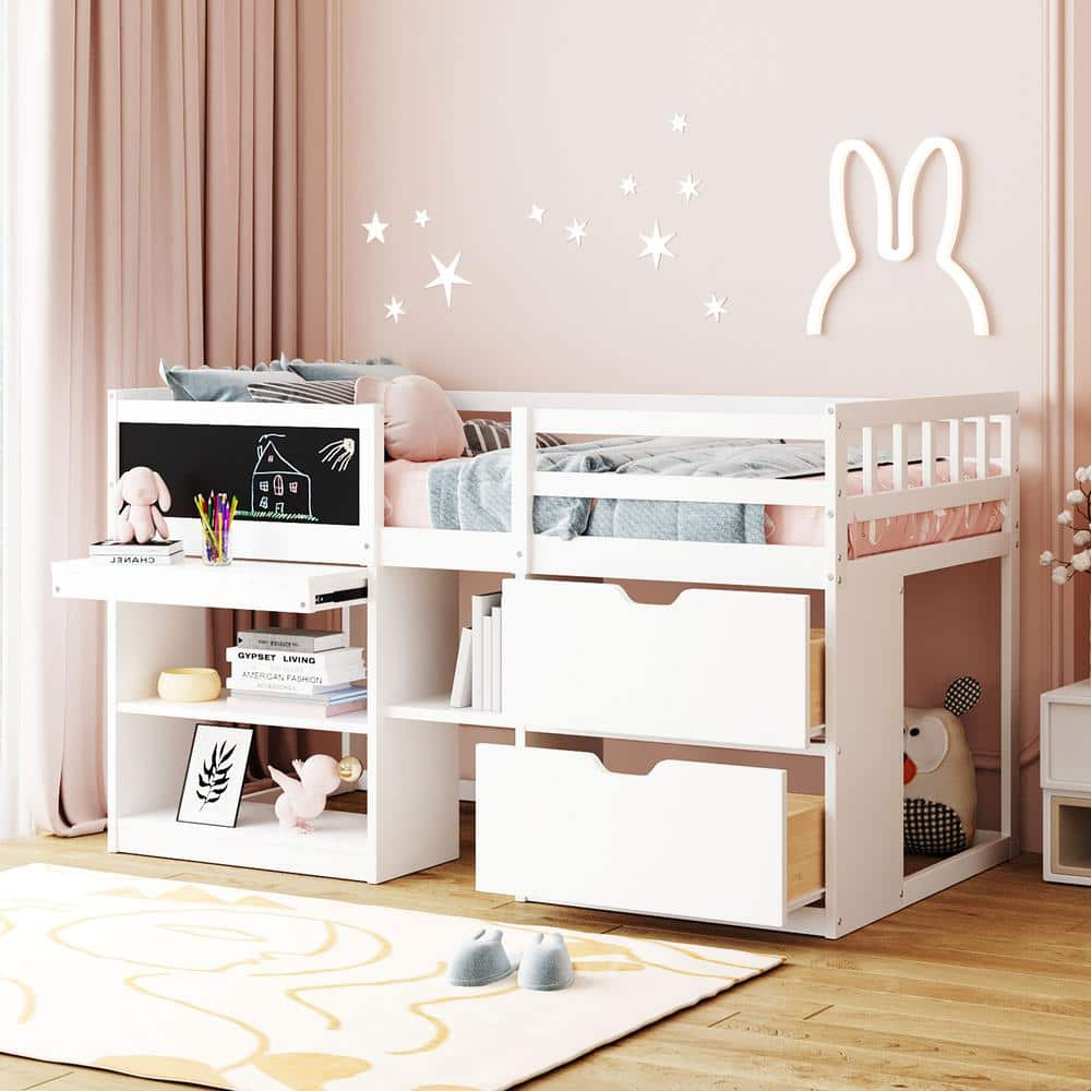 White Twin Size Wood Low Loft Bed with Blackboard, Rolling Desk, Bookshelf and 2 Drawers -  Harper & Bright Designs, QMY104AAK