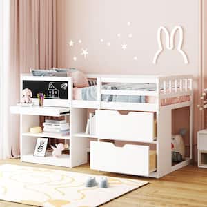 White Twin Size Wood Low Loft Bed with Blackboard, Rolling Desk, Bookshelf and 2 Drawers