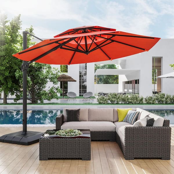11 ft. Double Top Aluminum Cantilever Patio Umbrella with Base for Patio Deck Garden in Rust Red