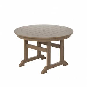Hayes 47 in. All Weather HDPE Plastic Round Outdoor Dining Trestle Table with Umbrella Hole in Weathered Wood