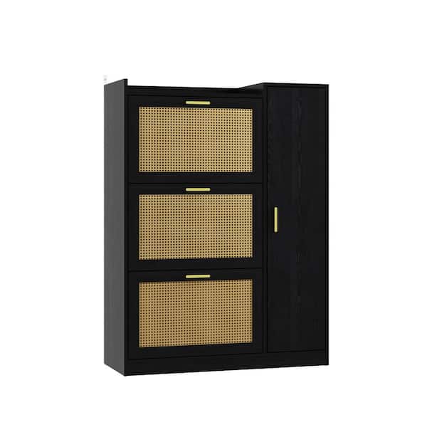 FUFU&GAGA 47.2 in. H x 35.4 in. W Black Wooden Shoe Storage Cabinet with 3 3-Tier-Rack Drawers and 4 Shelf
