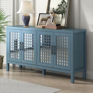 Retro Style Antique Blue Wood 58 in. W Mirrored Sideboard with Closed Grain Pattern and Adjustable Shelves