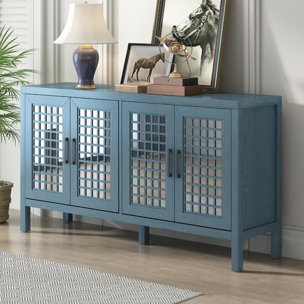 Harper & Bright Designs Retro Style Antique Blue Wood 58 in. W Mirrored Sideboard with Closed Grain Pattern and Adjustable Shelves