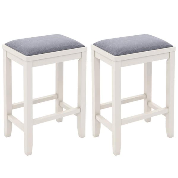 ANGELES HOME 25 in. 2-Piece White Gray Backless Wood Counter Bar Stool with Linen Seat