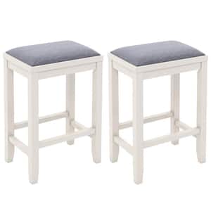 25 in. 2-Piece White Gray Backless Wood Counter Bar Stool with Linen Seat