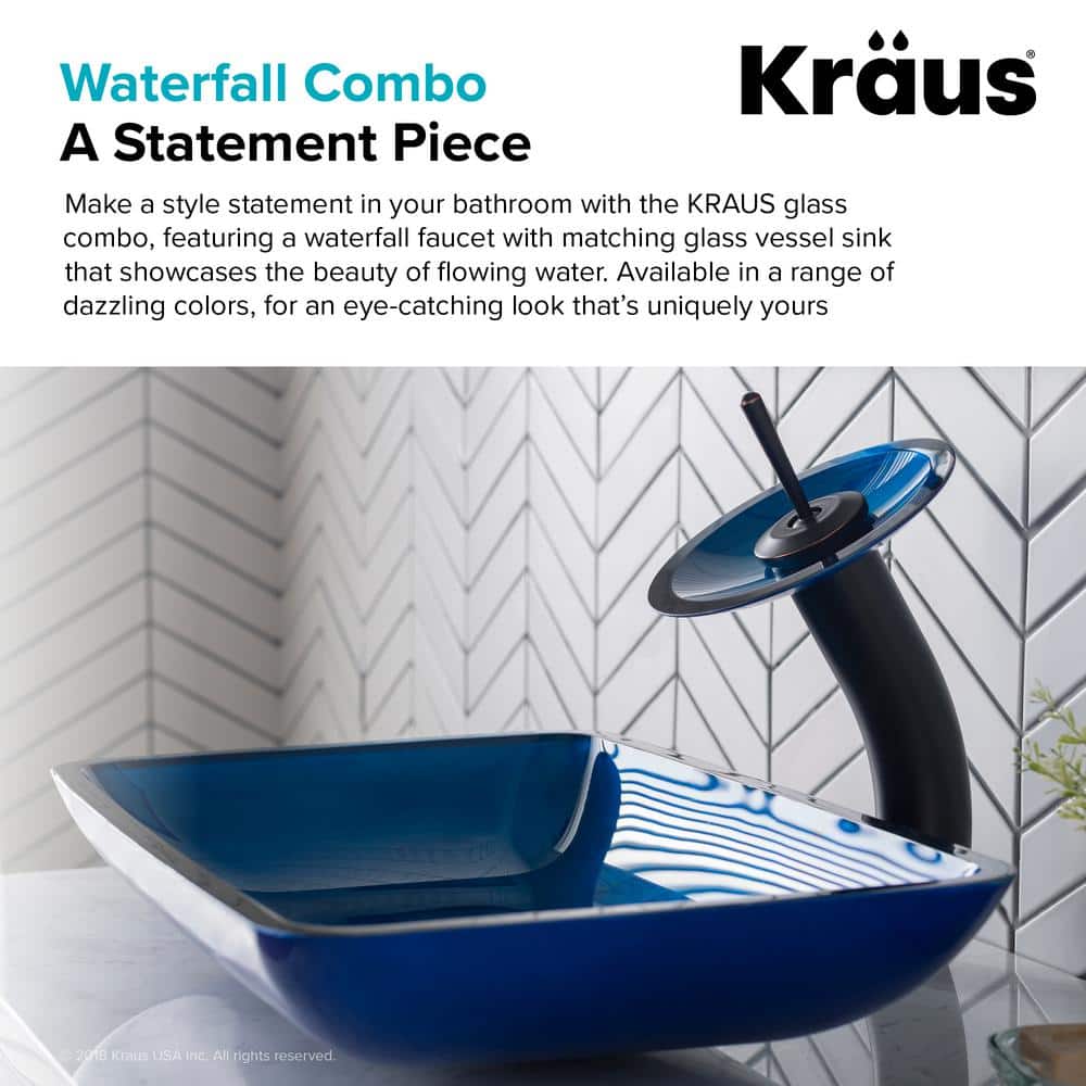 Fire Blue Rectangular Glass Vessel Sink with Waterfall Faucet