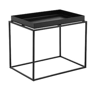 24 in. Black Rectangle Metal End Table with Tray Top and Open Metal Frame