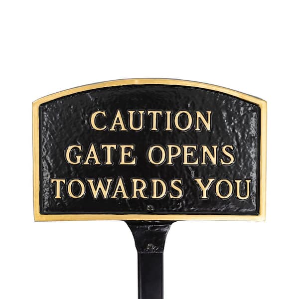 Montague Metal Products 5.5 in. x 9 in. Small Arch Caution Gate Opens Towards You Statement Plaque Sign with Lawn Stake - Black/Gold