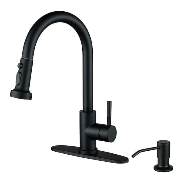 ALEASHA Single-Handle Pull Down Sprayer Kitchen Faucet with Soap Dispenser in Black