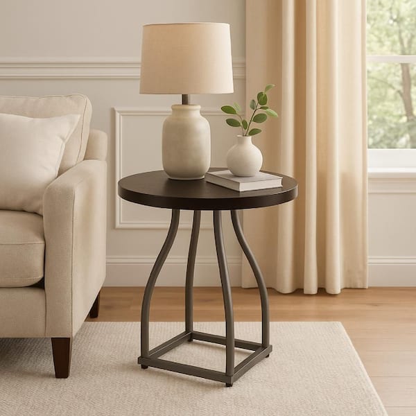 Tior 20 in. Umber Brown and Bronze Round Wood Accent End Table with Gray Metal Base