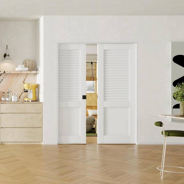 TENONER 48 in. x 80 in. Primed Wood Top Louvered Double Sliding