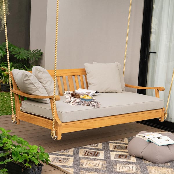 Cambridge Casual Robin Teak Outdoor Porch Swing Daybed With Oyster Cushion