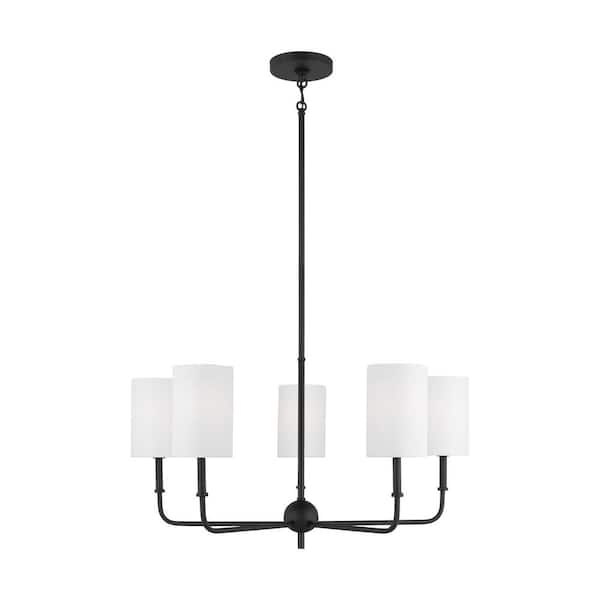 Generation Lighting Foxdale 5-Light Midnight Black Chandelier with White Linen Fabric Shades