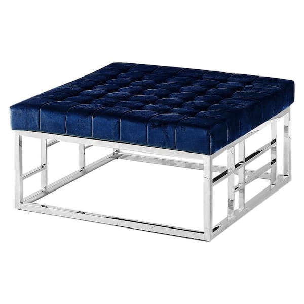 Best Master Furniture Ratna Tufted Velvet Blue/Silver Square Ottoman