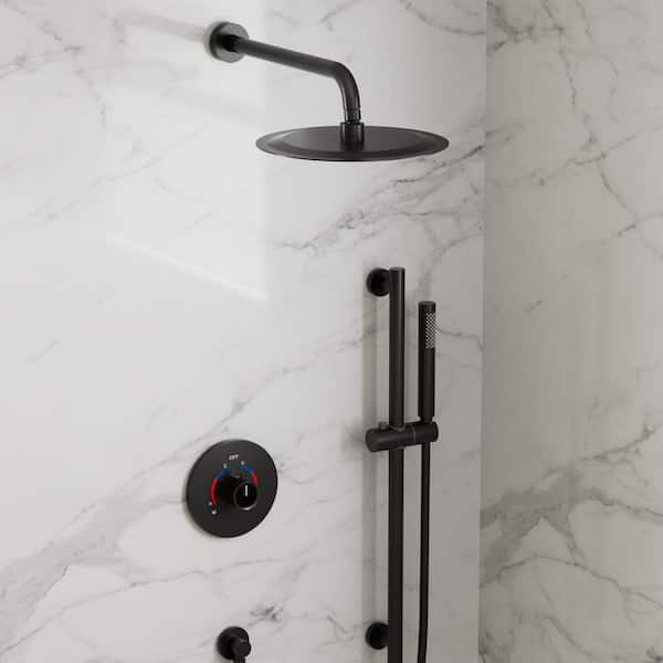 GRANDJOY Dual 2-Spray Wall Mount 10 in. Shower Faucet 2.5 GPM with Pressure Balance, Slide Bar in Matte Black Valve Included