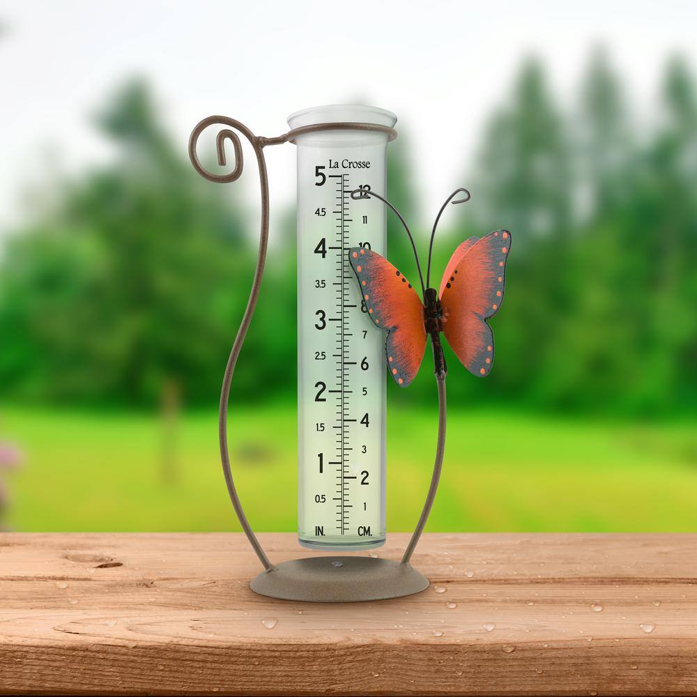 Handcrafted Glass Rain Gauge with Orange Butterfly and Metal Stand