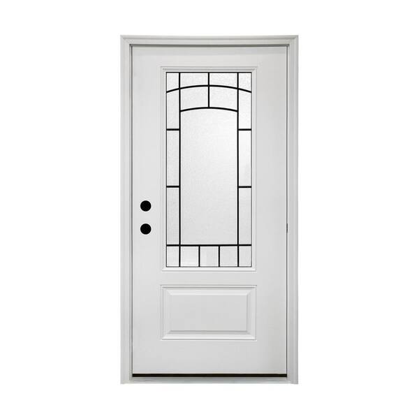 36 in. x 80 in. 1-Lite Right-Hand/Inswing Frosted Glass White Fiberglass Prehung Front Door with Threshold, Hinges
