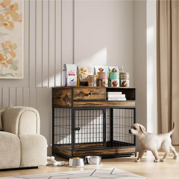 Noble House Dorsi Furniture Style Dog Pet Crate Iron Frame Antique Brown with Drawer Storage Space 111234 The Home Depot