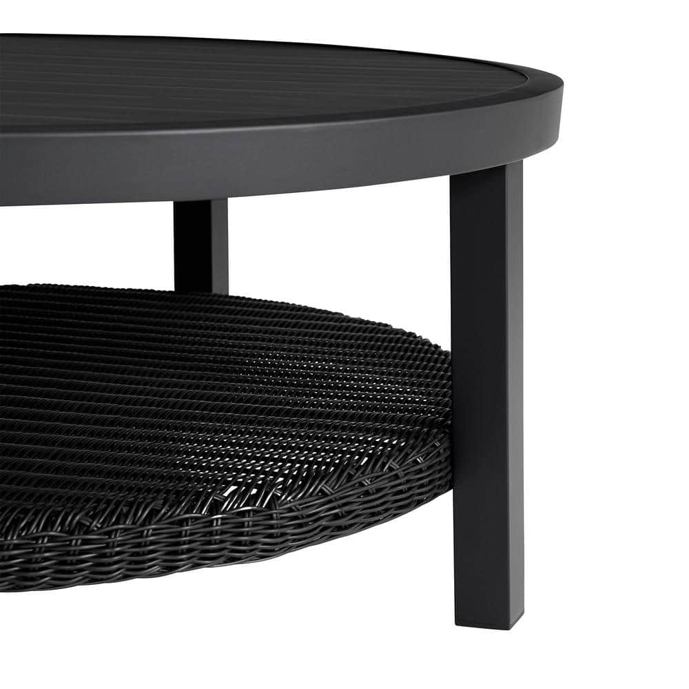 Grand Black Aluminum Round Outdoor Coffee Table with Wicker Shelf